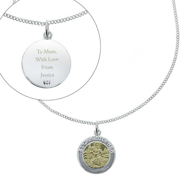 A sterling silver and 9ct gold-plated St. Christopher pendant necklace by Abode Home & Gifts, displayed on a clean white background. A circular inset details the engraved reverse side reading "To Mum, With Love From Jessica".