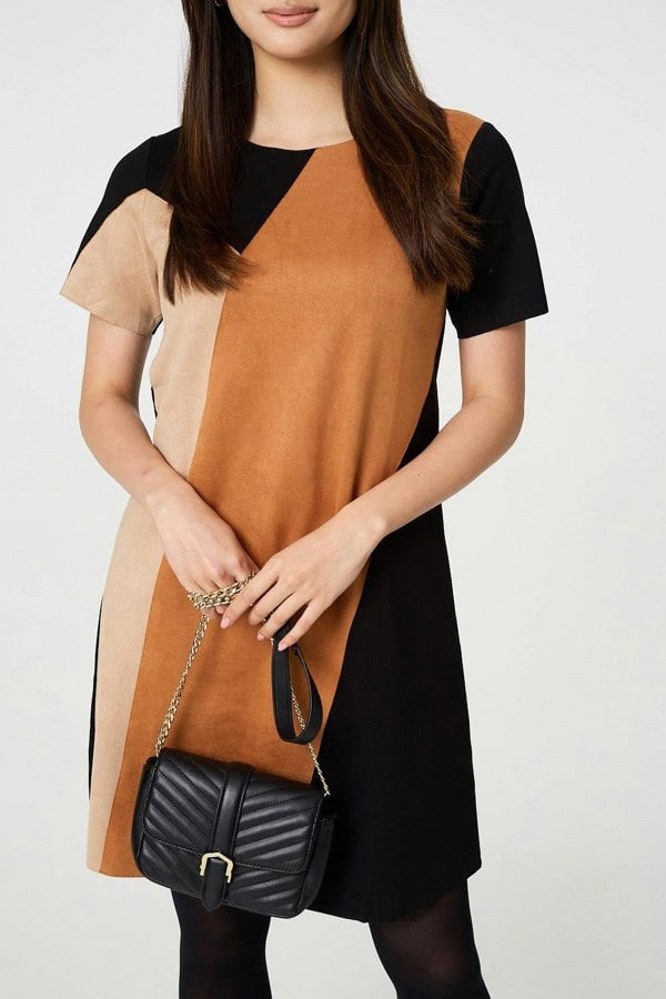 Beige | Colour Block Short Sleeve Midi Dress
