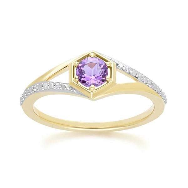 Gemondo Geometric Hexagon with Prong set Round Amethyst and Diamond Ring in 9ct Yellow Gold
