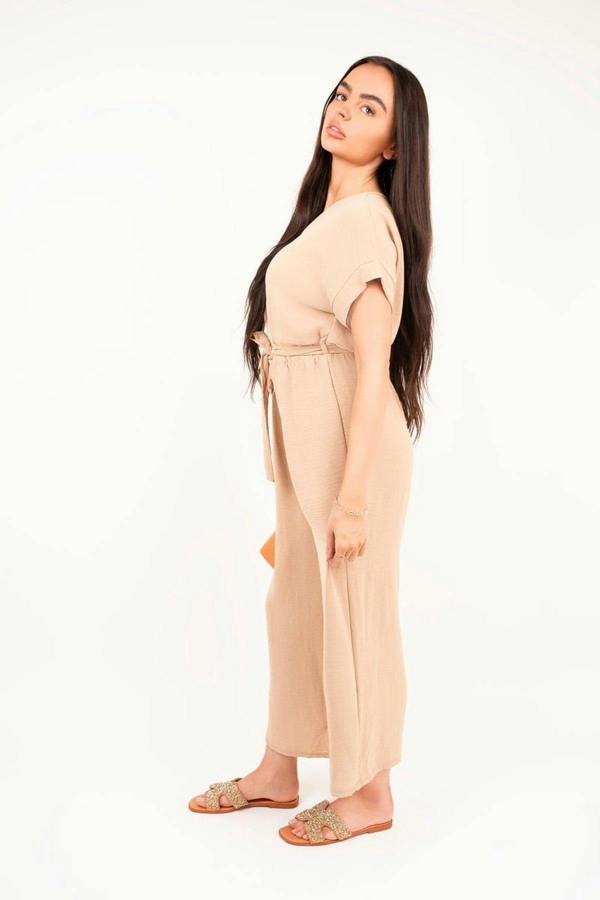 Nerina Wrap Short Sleeve Wide Leg Jumpsuit With Tie Waist - Mocha