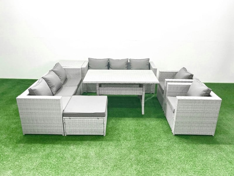 Fimous Rattan Garden Furniture Set Outdoor 8 Seater Patio Dinin g Sofa Sets with Dining Table 2 Chairs Side Table Big Footstool Light Grey Mixed