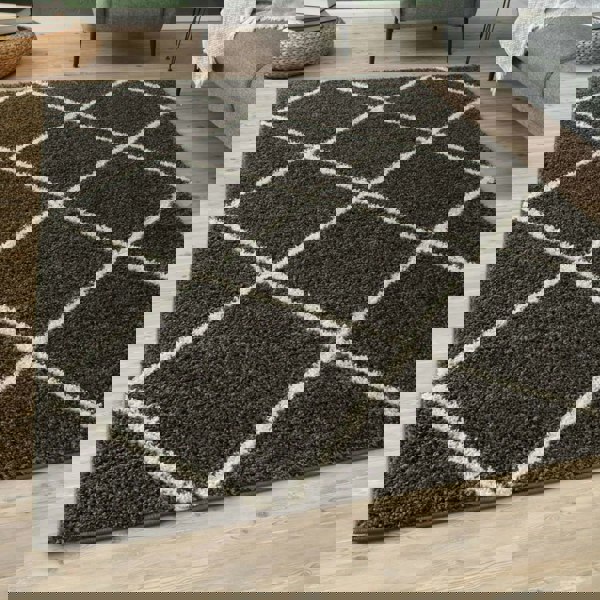 Diamond Design Thick Shaggy Area Rugs Dark Grey