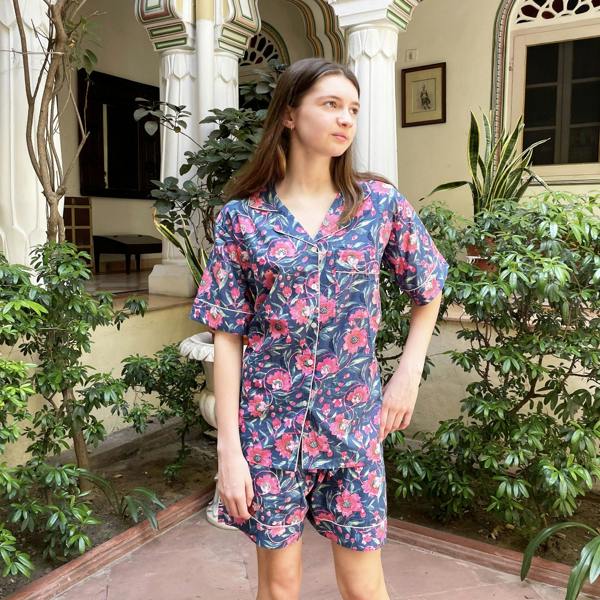 Hayley & Co Navy and Pink Block Print Floral 100% Cotton Short Pyjama Set