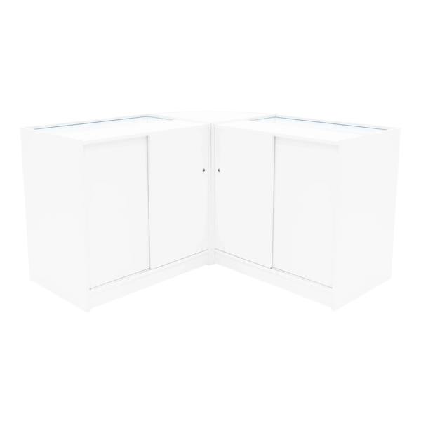 White Selene LED shop counter set featuring a sleek, modern design with two C900 display cabinets and a glossy finish