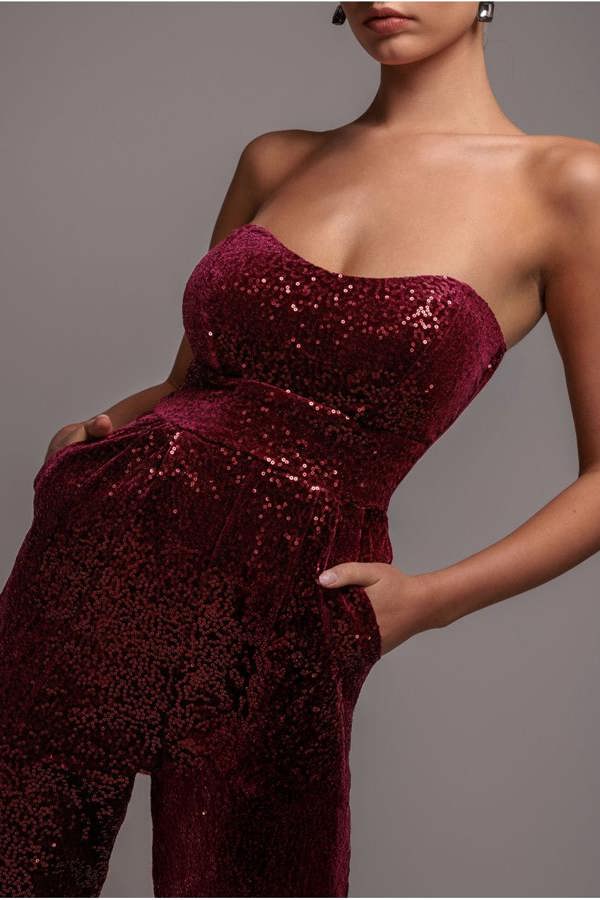 Sequin & Velvet Corset Jumpsuit - Wine TR365