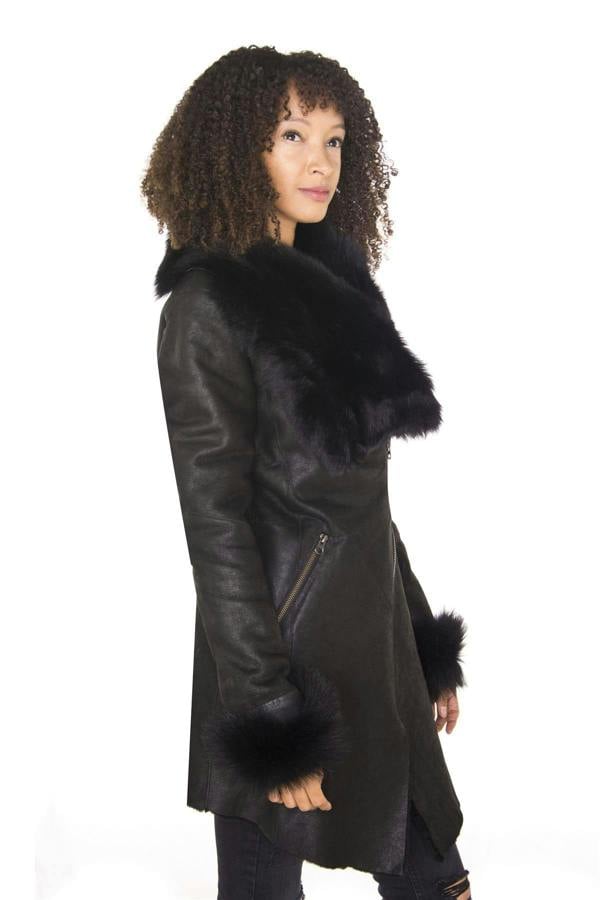 Infinity Leather Womens Black Merino Shearling Coat with Toscana Collar-Romford