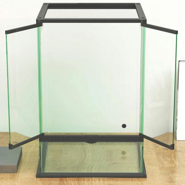 Black glass reptile terrarium with vented mesh top and open front door
