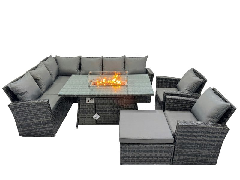 Fimous Poly Rattan Outdoor Patio Gas Fire Pit Dining Table Corner Sofa Set with Big Stool 2 Chairs for Garden Backyard Dark Grey Mixed