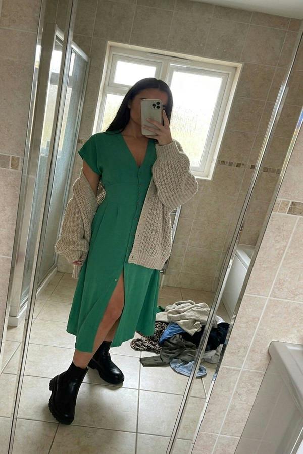 Reeva Button Down Cap Sleeve Midi Dress - Green