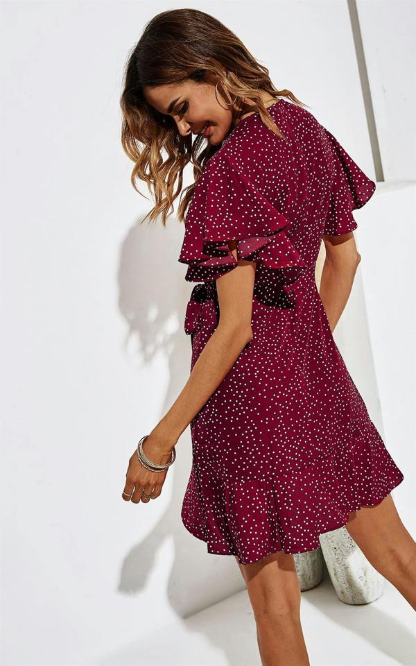 FS Collection Dot Print Wrap Top Dress In Wine