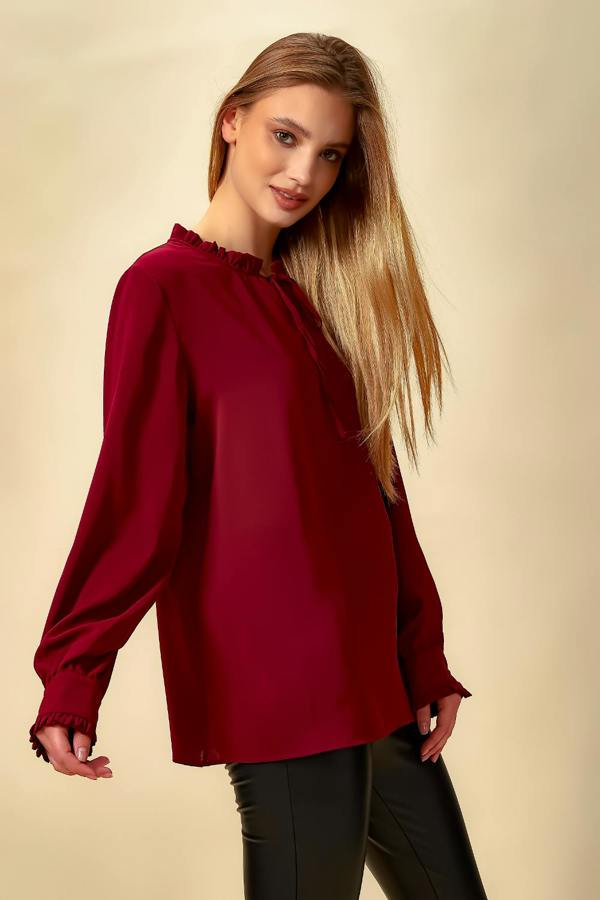 Hoxton Gal Oversized Tie Ruffle Neck Top in Burgundy