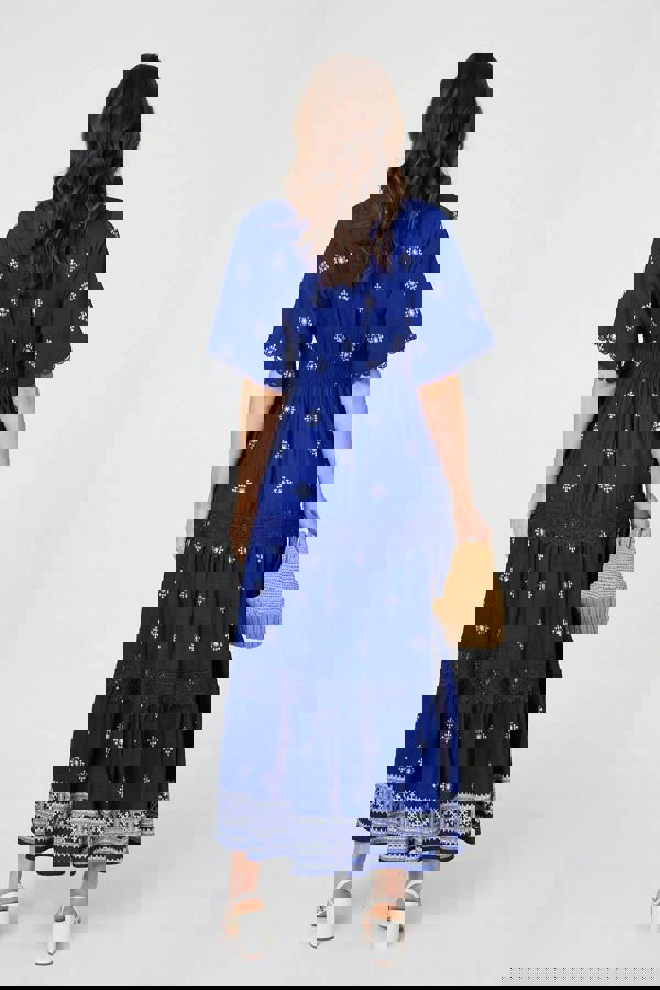 Blue | Border Print 1/2 Sleeve Maxi Dress