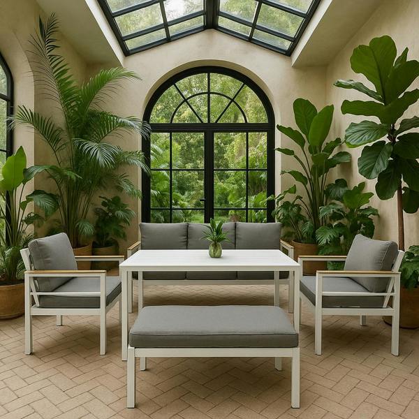 Shatchi 5-Piece Aluminium Outdoor Sofa Set with Bench, Table & Cushions