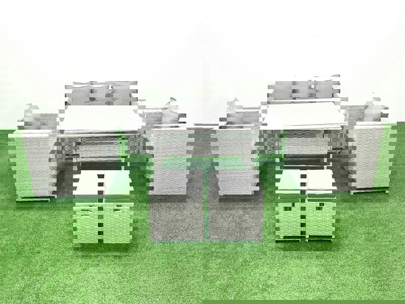 Fimous Garden Dining Set Outdoor Rattan Furniture Set with Sofa Dining Table 2 Chairs 2 Small Footstools Light Grey Mixed