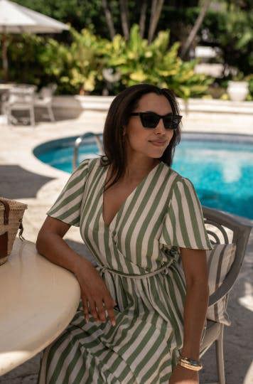 Gini London Sage Green Stripe Wrap Belted Viscose Midi Dress