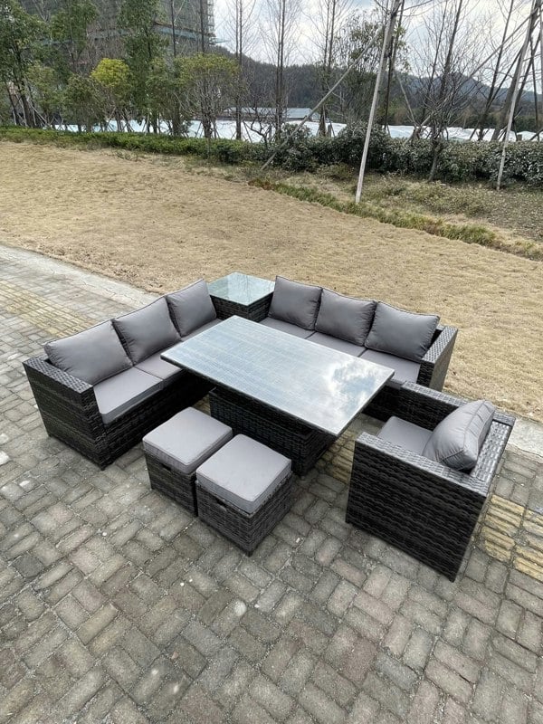 Fimous 9 Seater PE Rattan Corner Sofa Set Rising Adjustable Dining Table Set High Side Coffee Table With Arm Chair Stools