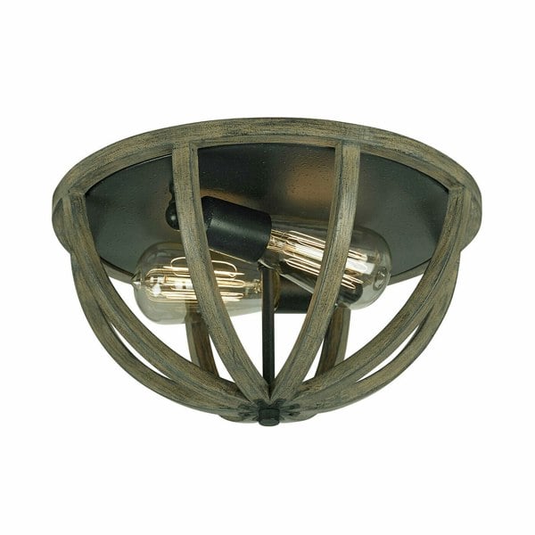 2 Bulb Flush Light Low Ceiling Weather Oak Wood Antique Forged Iron LED E27 60W Loops