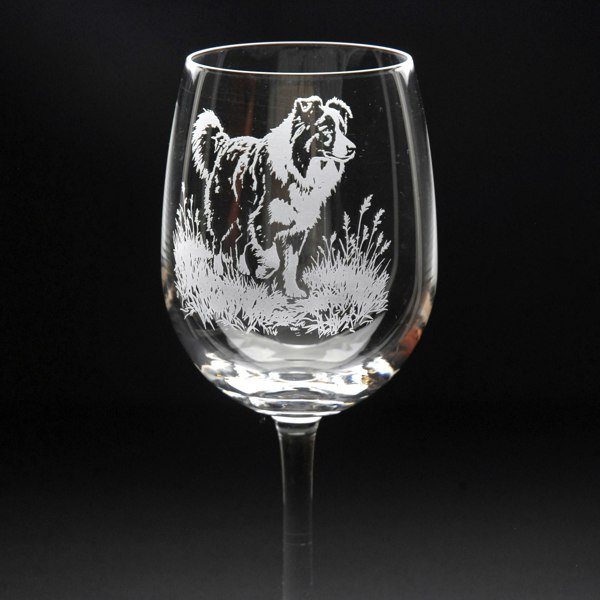 Glyptic Glass Art Border Collie Dog Crystal Wine Glass - Hand Etched/Engraved Gift