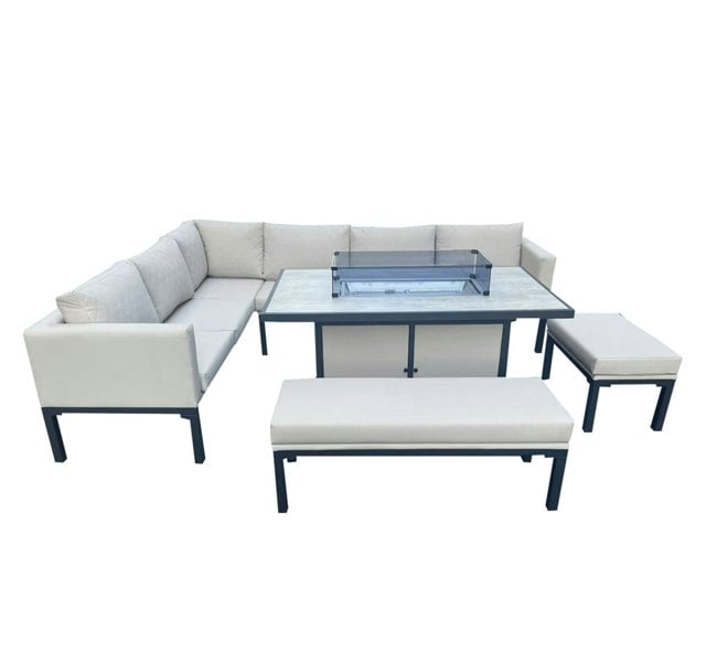 Furnishings For Less L Shaped 9 Seater Beige Garden Patio Set + Fire Pit Table