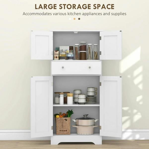 White freestanding kitchen cabinet with open shelves holding kitchen appliances and supplies