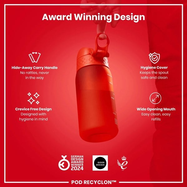 A red water bottle is being held. It features a hide-away handle, crevice-free design, hygiene cover, and wide mouth. The bottle is an award-winning design.