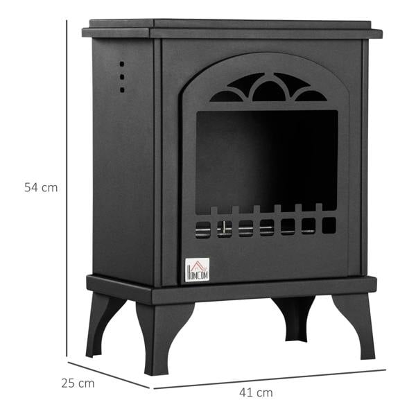 Black ethanol fireplace stove, front view with arched opening and raised feet