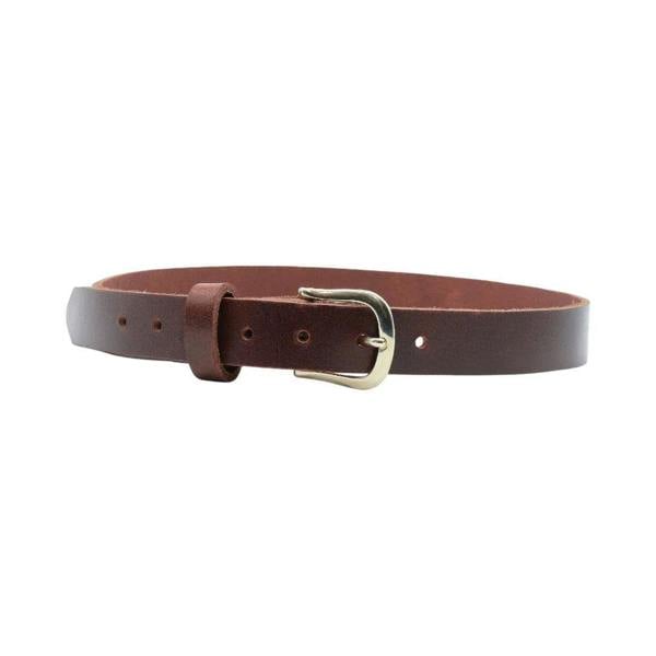 Full width view of Brown leather belt with a silver buckle on a white background