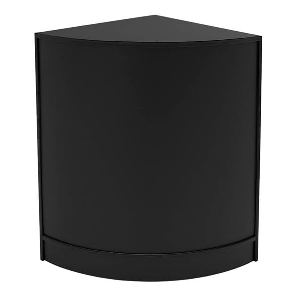 Black corner shop counter with a sleek, modern design, featuring a smooth finish and rounded edges, ideal for retail spaces