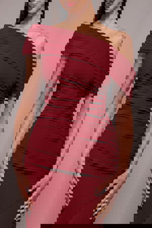 Pleated One Shoulder Bardot Fit And Flare Maxi Dress - Burgundy DR4909