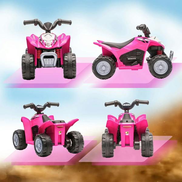 Pink kids Honda electric quad bike set of views: front, side, and rear