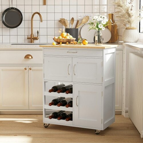 Wyld Haus Hala Wooden White Rolling Kitchen Island With Wine Rack 1 Drawer 3 Doors