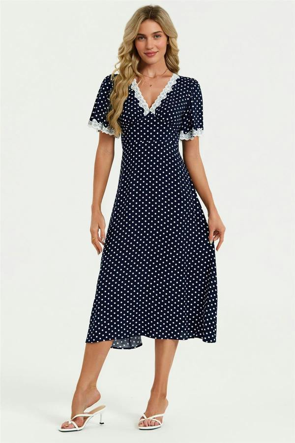 FS Collection Lace Trim Dot Print Midi Dress In Navy