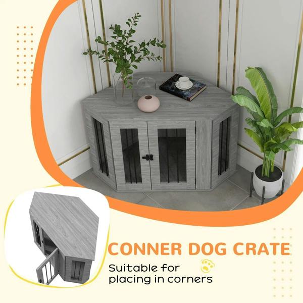 Corner grey dog crate furniture side table with cushion top and black barred door fronts
