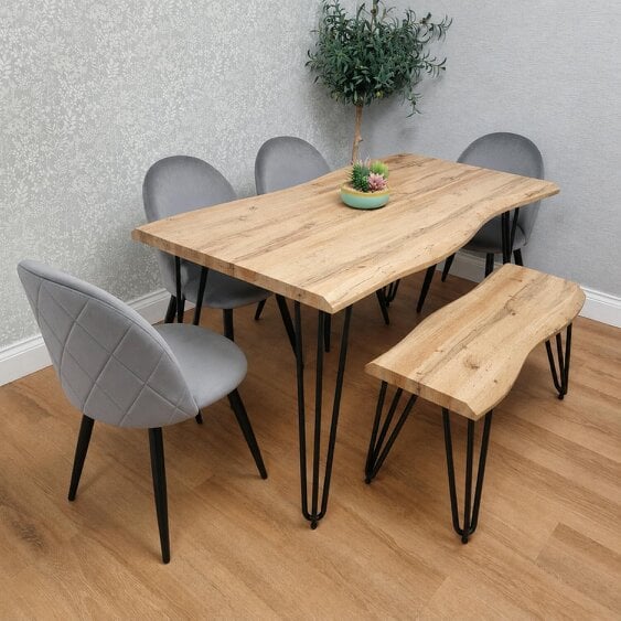 Kosy Koala Rustic Wood-Effect Wavy Dining Table Set with 4 Grey Velvet Chairs & Bench, 140x80x75cm
