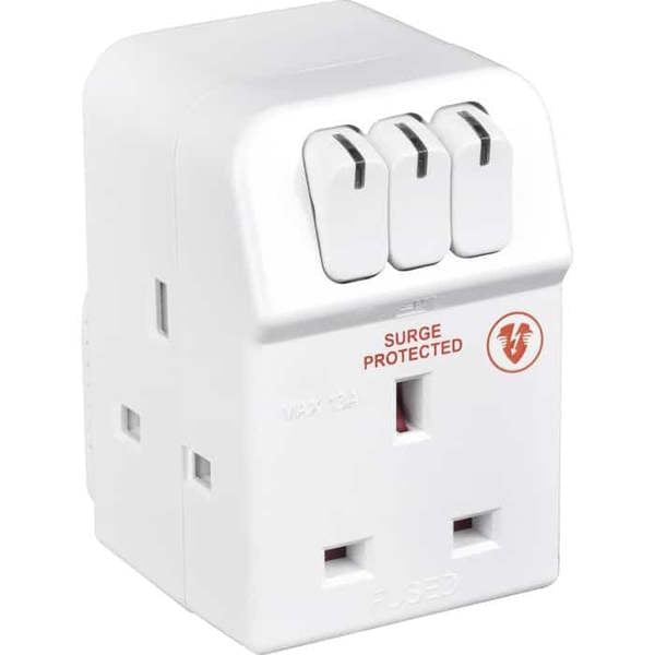 Masterplug Surge Protection Adapter Plug Socket - Individual 3 On-Off Switches