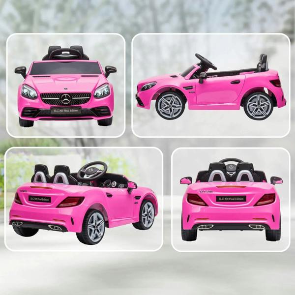 Pink kids electric ride-on car shown in multiple angles with black seats