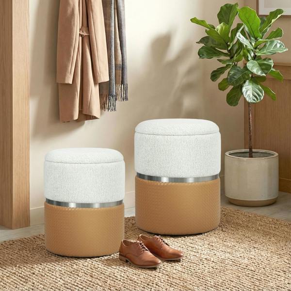 HOMCOM Round Storage Ottoman Set of 2, Nesting Footrest Stool - Cream and Brown