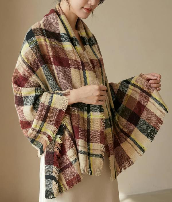 VIA MONTEN Women’s Vintage Plaid Scarf, Oversized Winter Scarf Wrap with Fringe, Soft Large Shawl for Cold Weather Styling