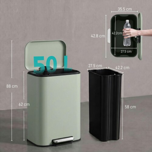 HOMCOM 50L Kitchen Bin, Pedal Bin with Removable Bucket, Light Green