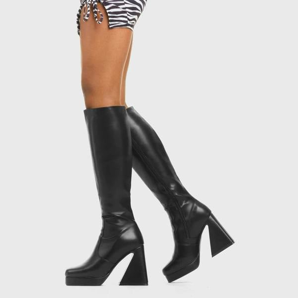 Lamoda Vendetta BlackPU Platform Knee High Boots Bold Comfortable Footwear