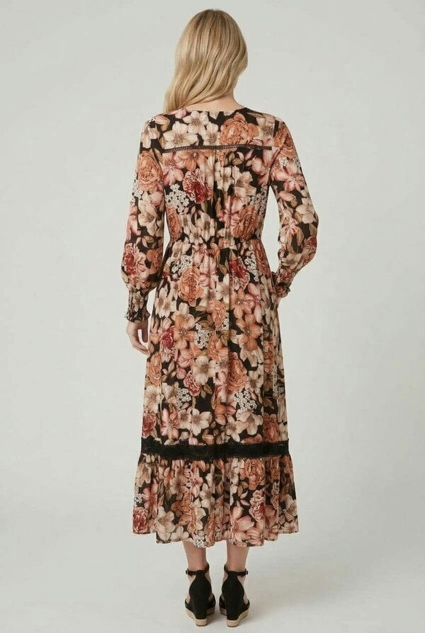 Izabel London Floral Long Sleeve V-Neck Midi Dress