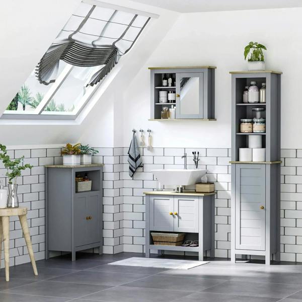 Grey bathroom wall storage cabinet with mirror door and open shelves, pine top