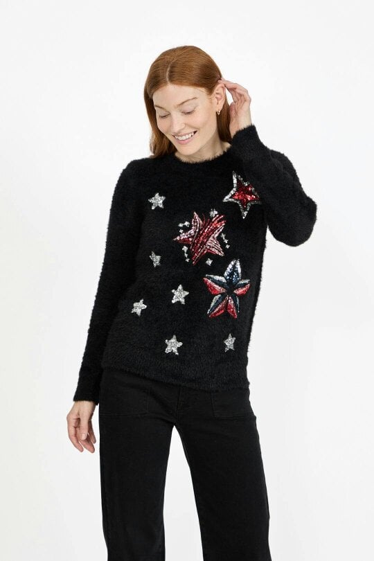 Mudflower Embellished Star Burst Fluffy Yarn Christmas Jumper