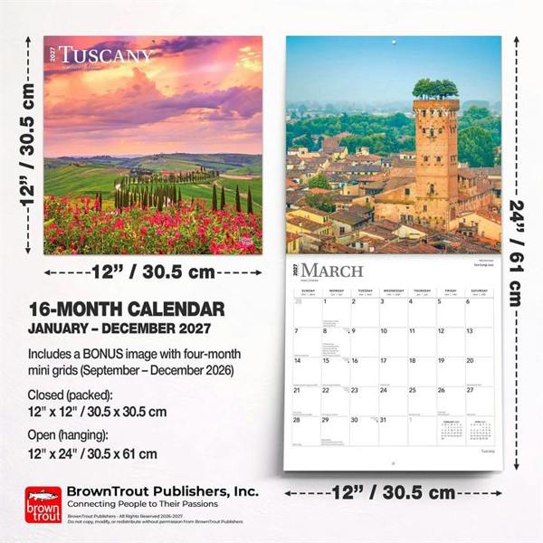 Tuscany Calendar 2027, Wall Calendars, Month To View, Travel, Gift