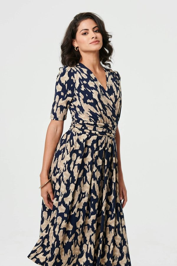 Navy | Printed Ruched 1/2 Sleeve Midi Dress
