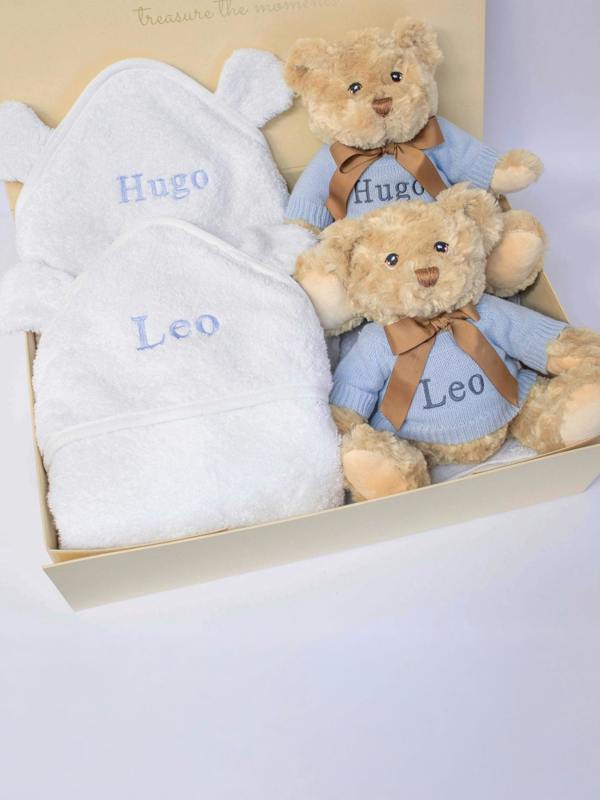 The Baby Gifting Company Twin Boys Teddy and Towel Gift Set