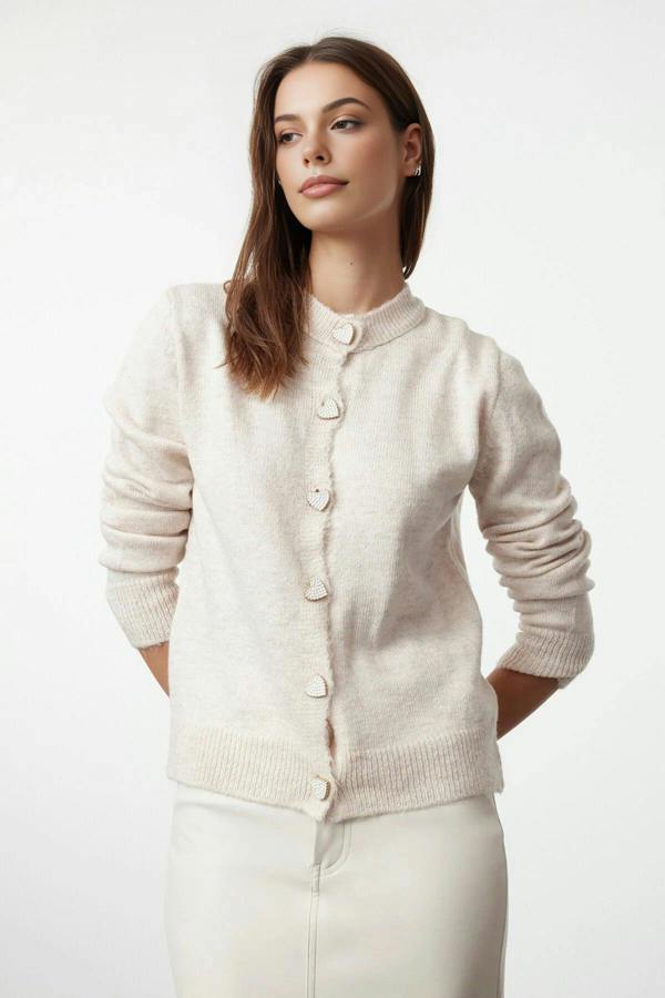 WOVCOR Soft-Textured Knit Cardigan with Jewelry Button Detail