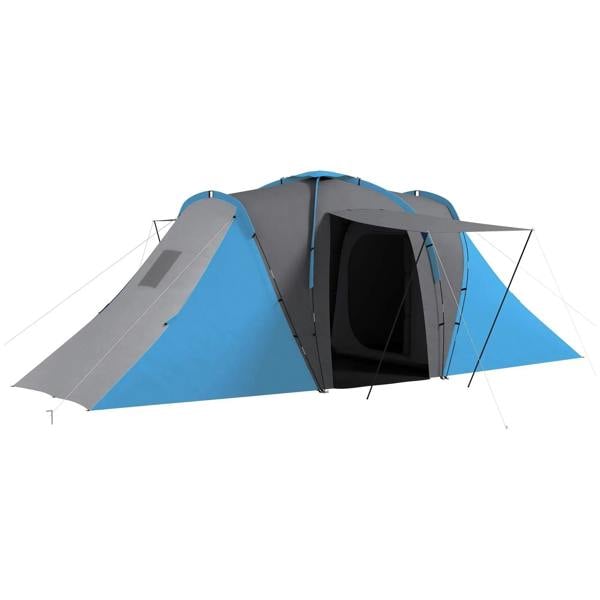 Blue and gray tunnel camping tent with open front doorway