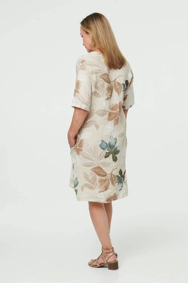 Linen | Leaf Print Shift Knee Length Dress