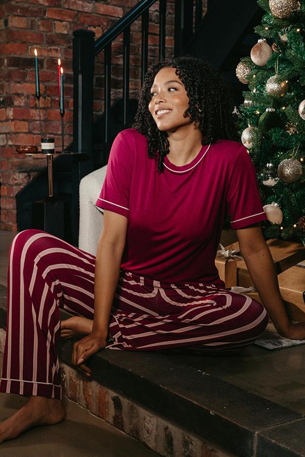 Pretty You London Bamboo Tee and Trouser Set in Bordeaux Stripe